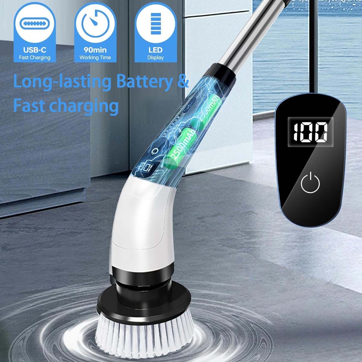 Motorized Rotary Scrubber Power Scrubber Cordless Cleaning Brush, Removable Long Handle, 8 Interchangeable Brush Heads, Quick Charge Power Scrubber